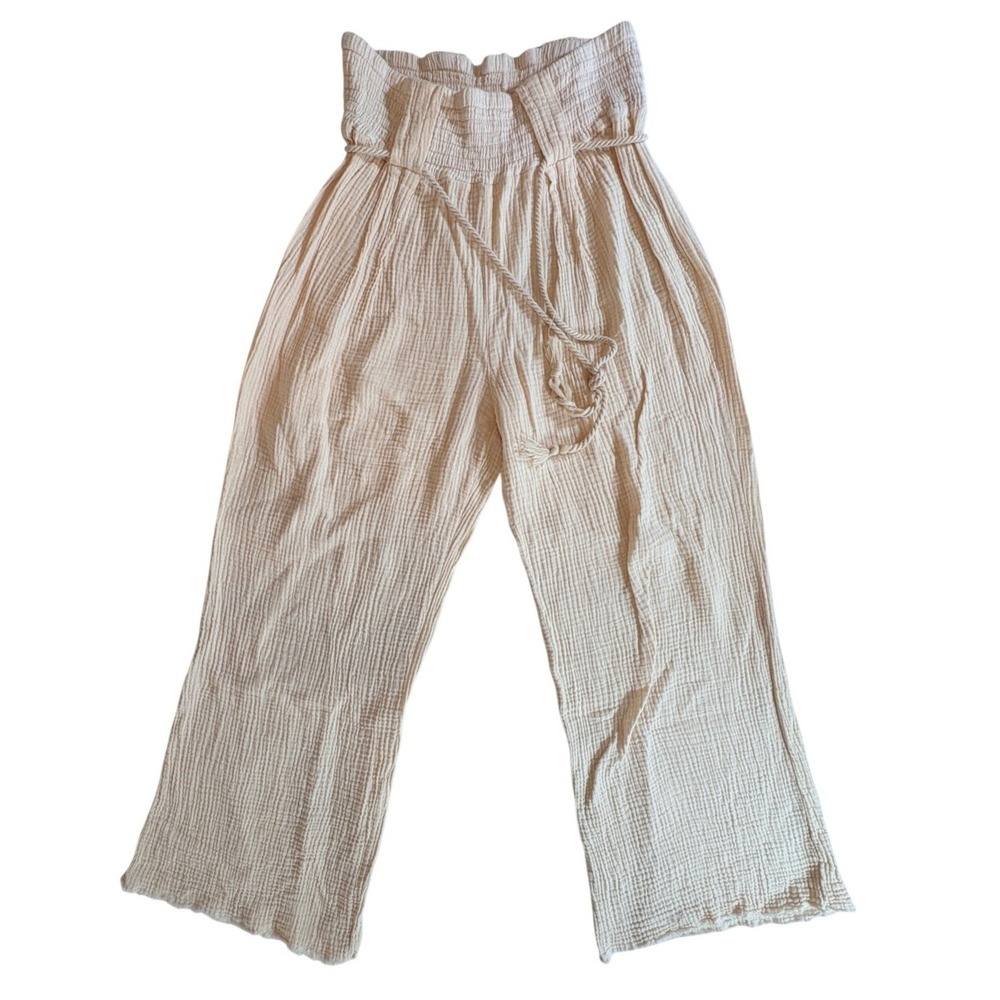 Banjara Wide Leg Pants Womens Large Beige Cotton Gauze Paperbag Waist Boho Beach